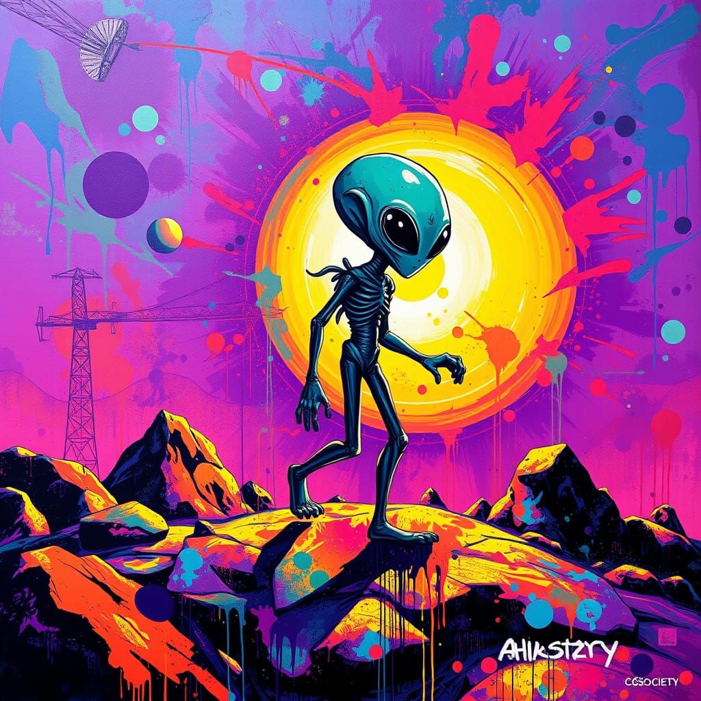 Cosmic Street Artist Walks into a Vibrant Purple Sun