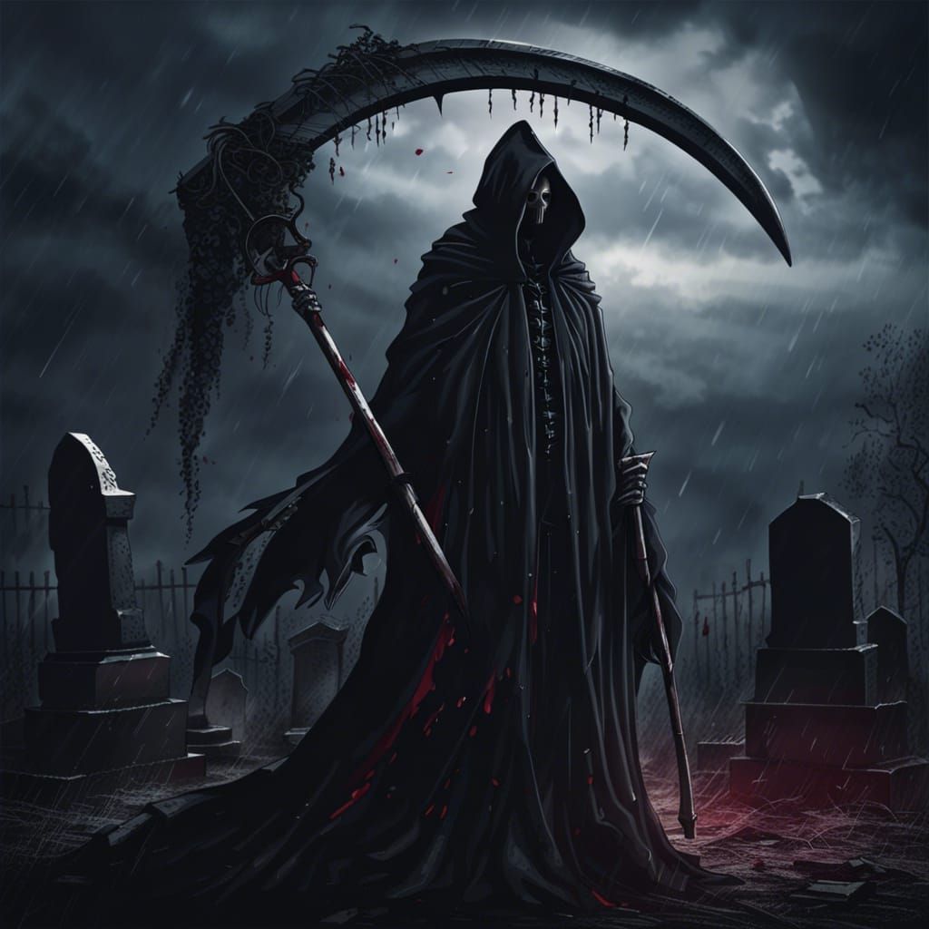 Grim Reaper in Stormy Graveyard, Dark Fantasy Art