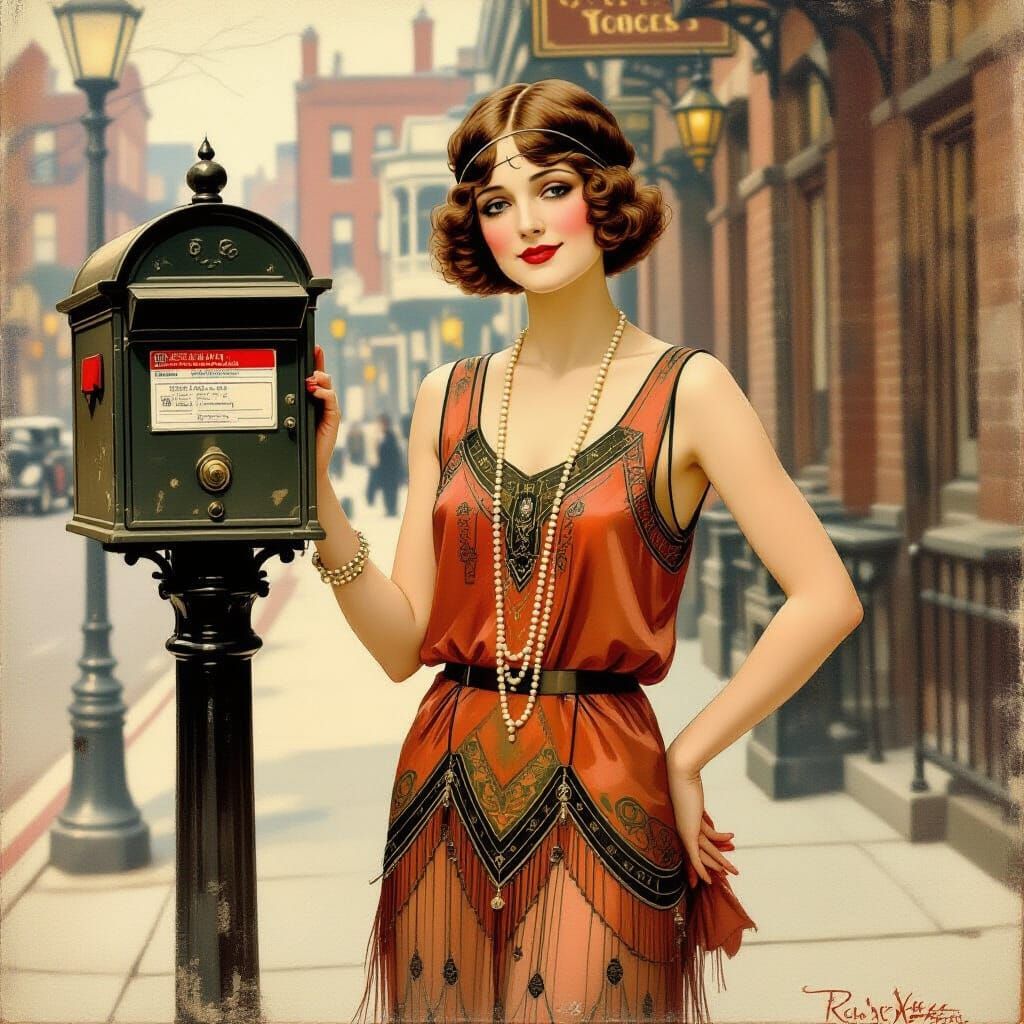 Flapper by Mailbox in 1920s Illustration Style