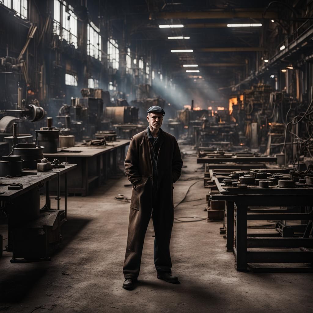 Solitary Figure in Industrial Forge Hall