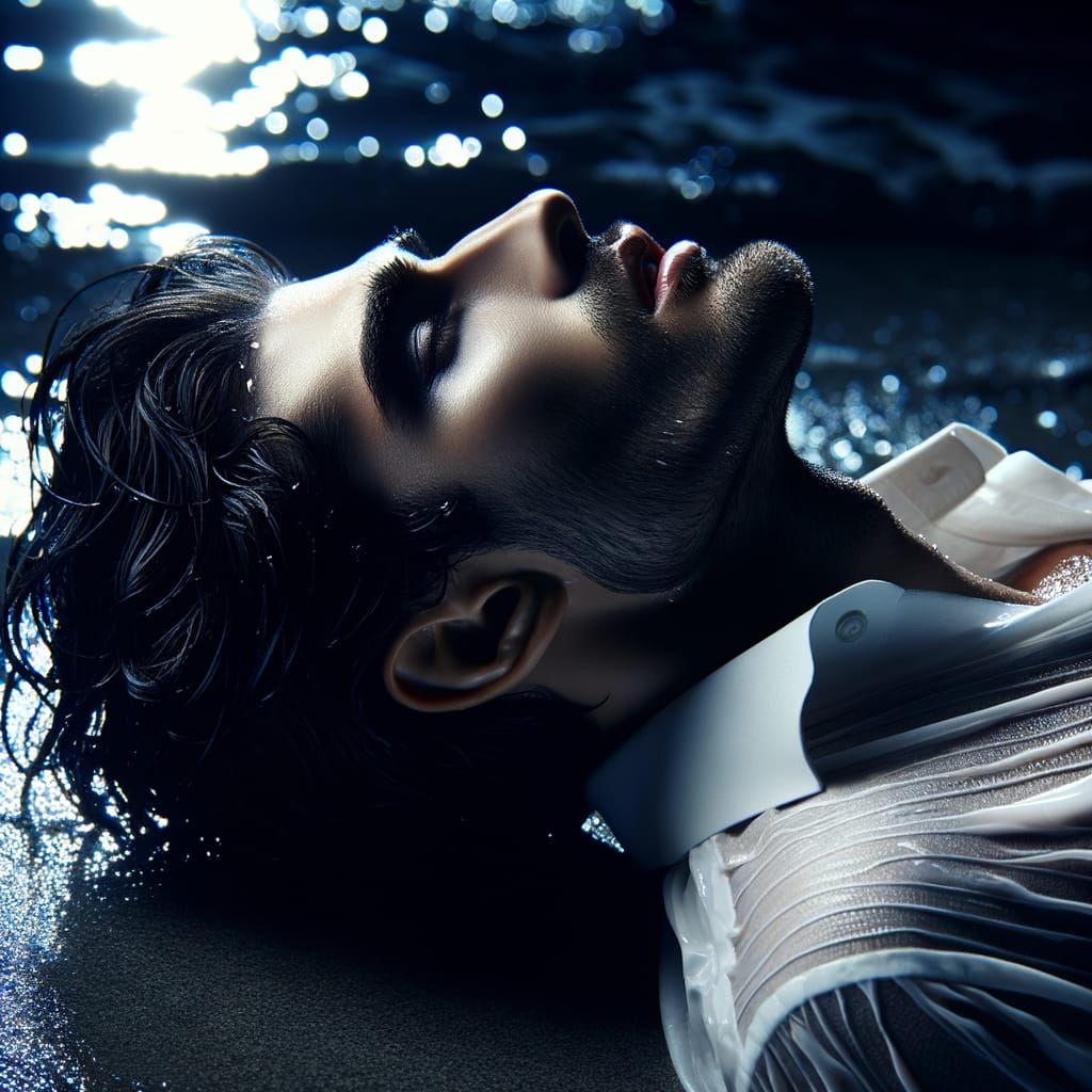 Handsome Vampire Reclining on Moonlit Beach
