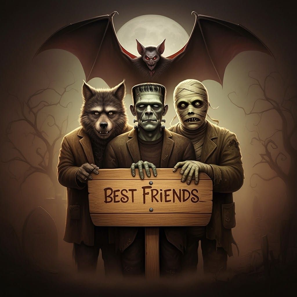 Monsters' Warm Group Hug in Gothic Illustration