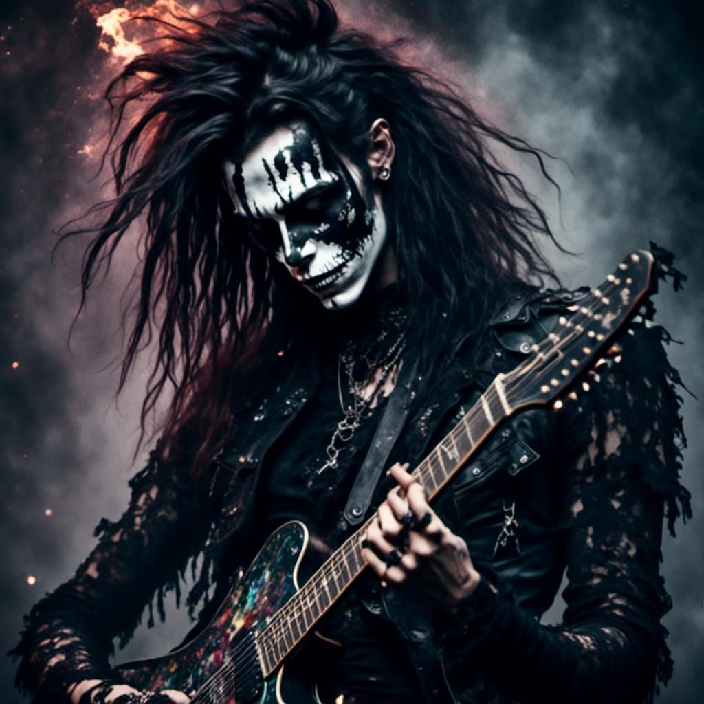 Metal Guitarist with Painted Face in Dark Mist
