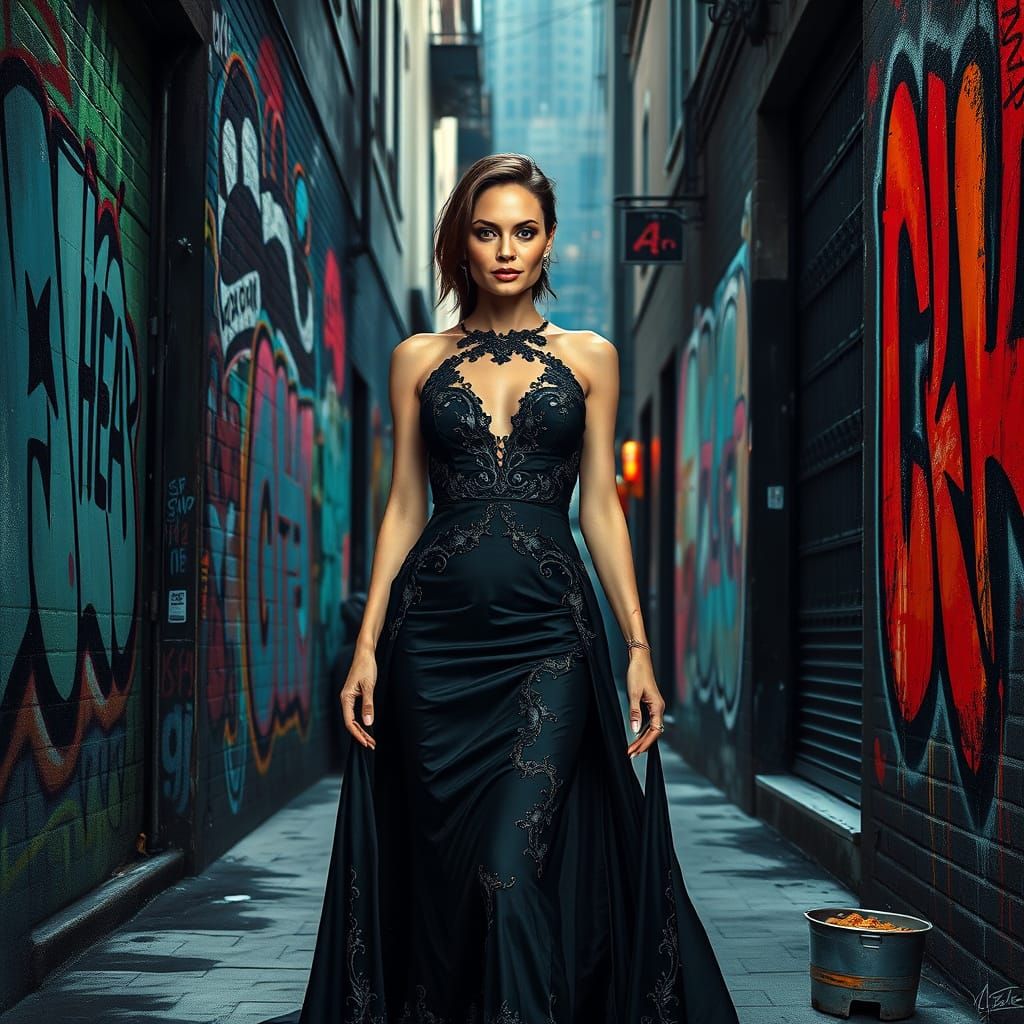 Elegant Actress in Graffiti Alleyway