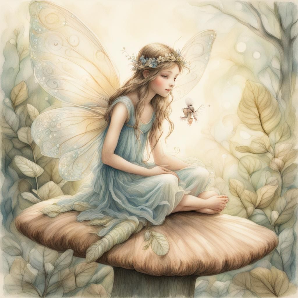 Dreamy Fairy on Toadstool: Delicate Pencil Sketch
