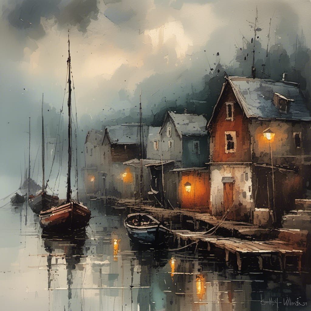 Misty Dockside Village Impasto Gouache Painting