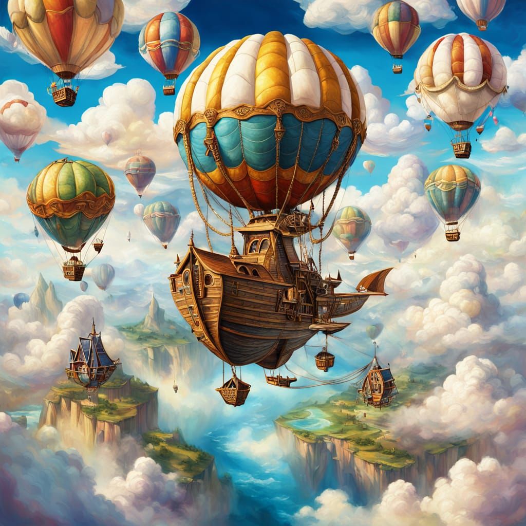 Fantasy Skyship Soaring Through Cloud Islands