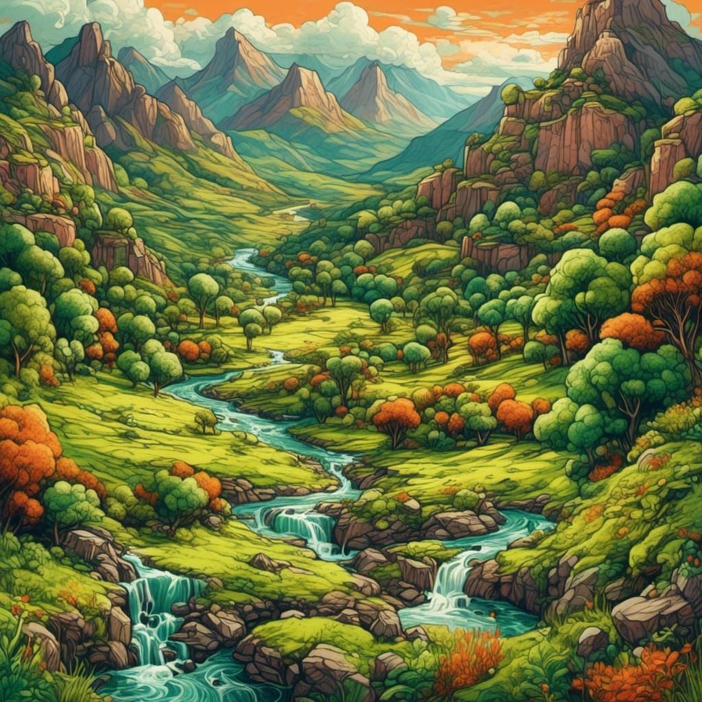 Verdant Mountain Landscape with Impasto Gouache