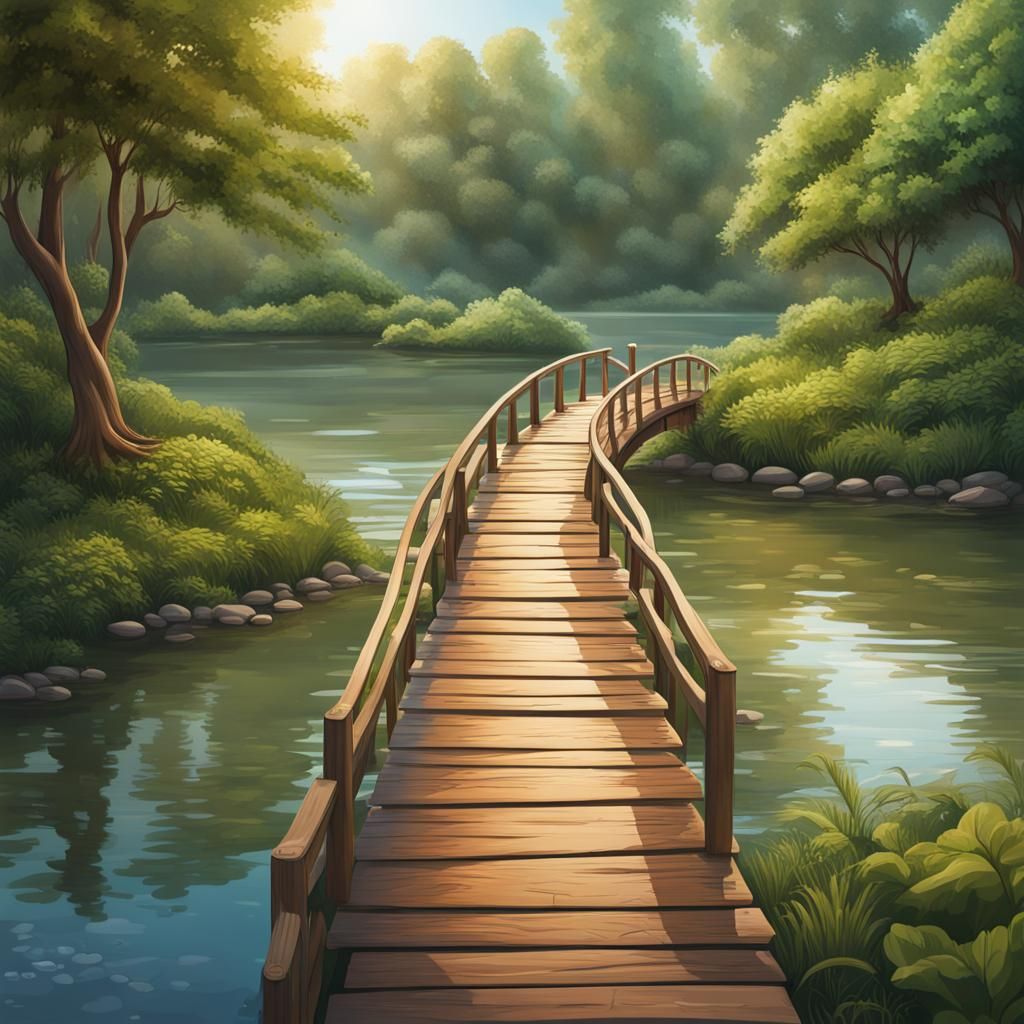 Hyperrealistic Riverside Landscape with Footbridge
