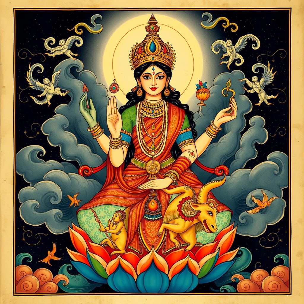 A divine empress painted in Pattachitra scroll style