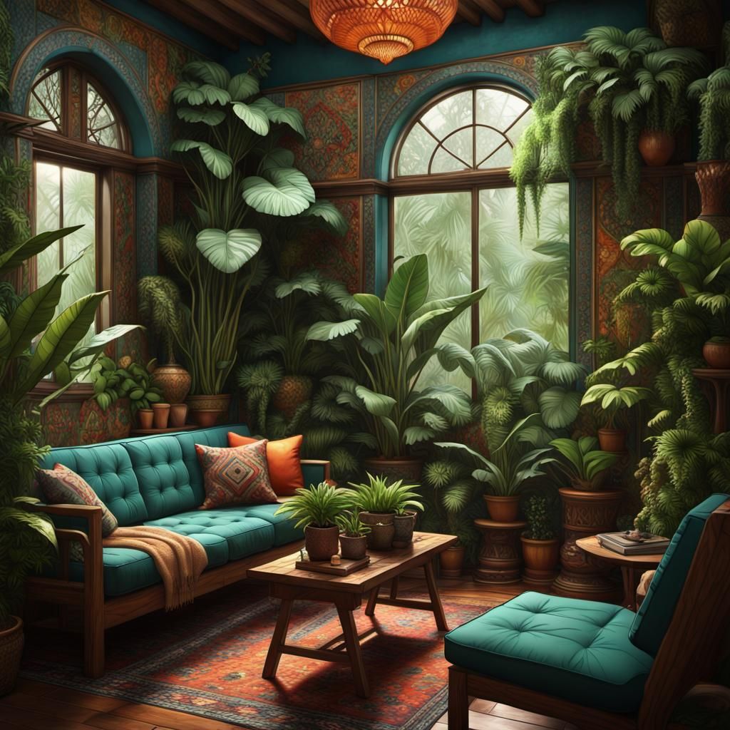 Lush Houseplant Interior with Mexican Tile in Abstract Art