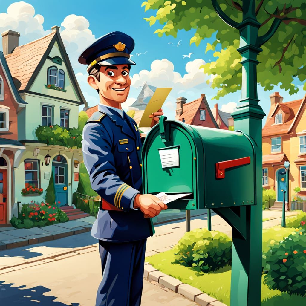 Whimsical Cartoon Postman Delivers Letter to Mailbox
