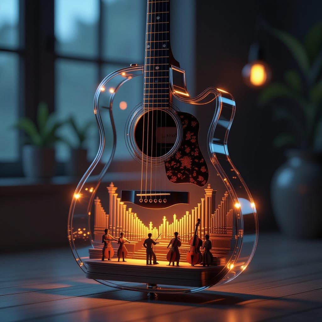 Transparent Guitar with Miniature Orchestra, 3D Render