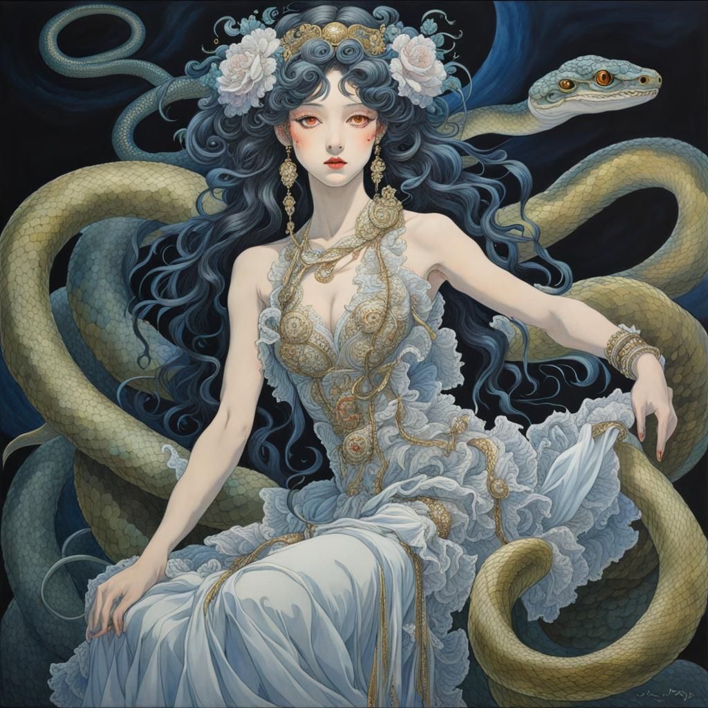 Detailed Medusa in Moonlight, Watercolor and Oil