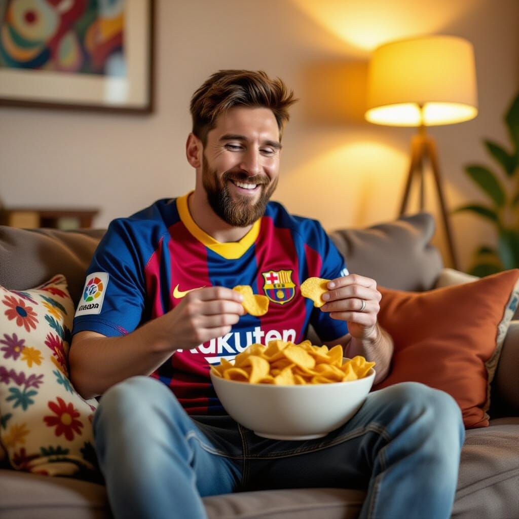 Lionel Messi Eating Chips, Contemporary Surrealist Style