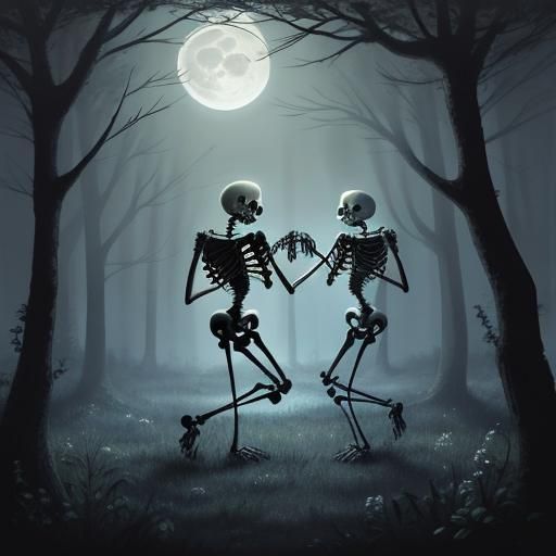 Skeletons Dancing in Misty Moonlight Woods