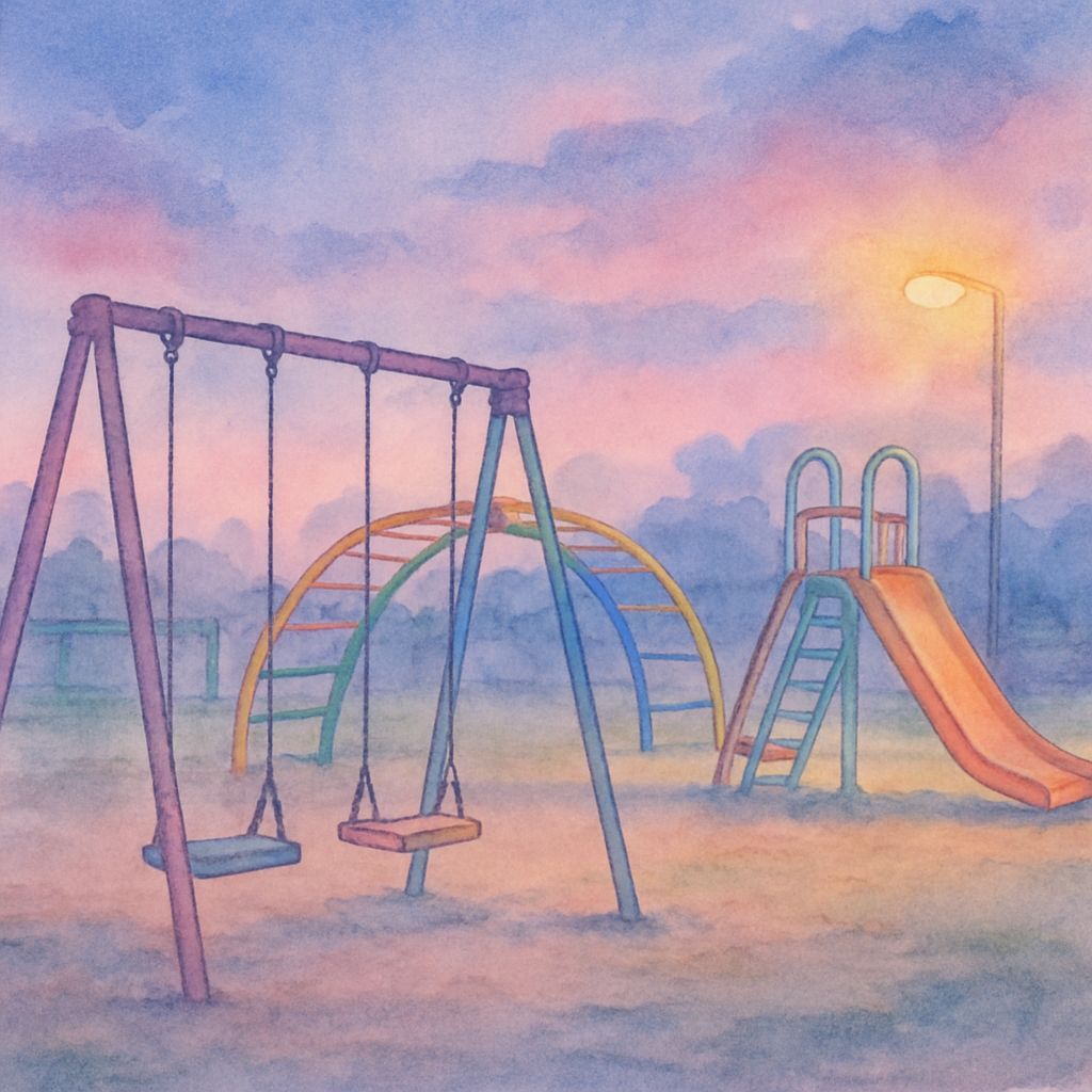 a watercolor painting of a liminal kidcore playground at twilight, where pastel swings hang motionless in an empty lot, ...