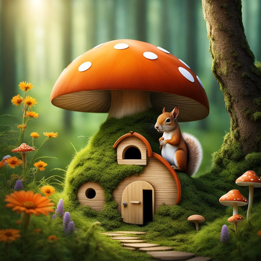 Cute Squirrel and Mushroom House Optical Illusion