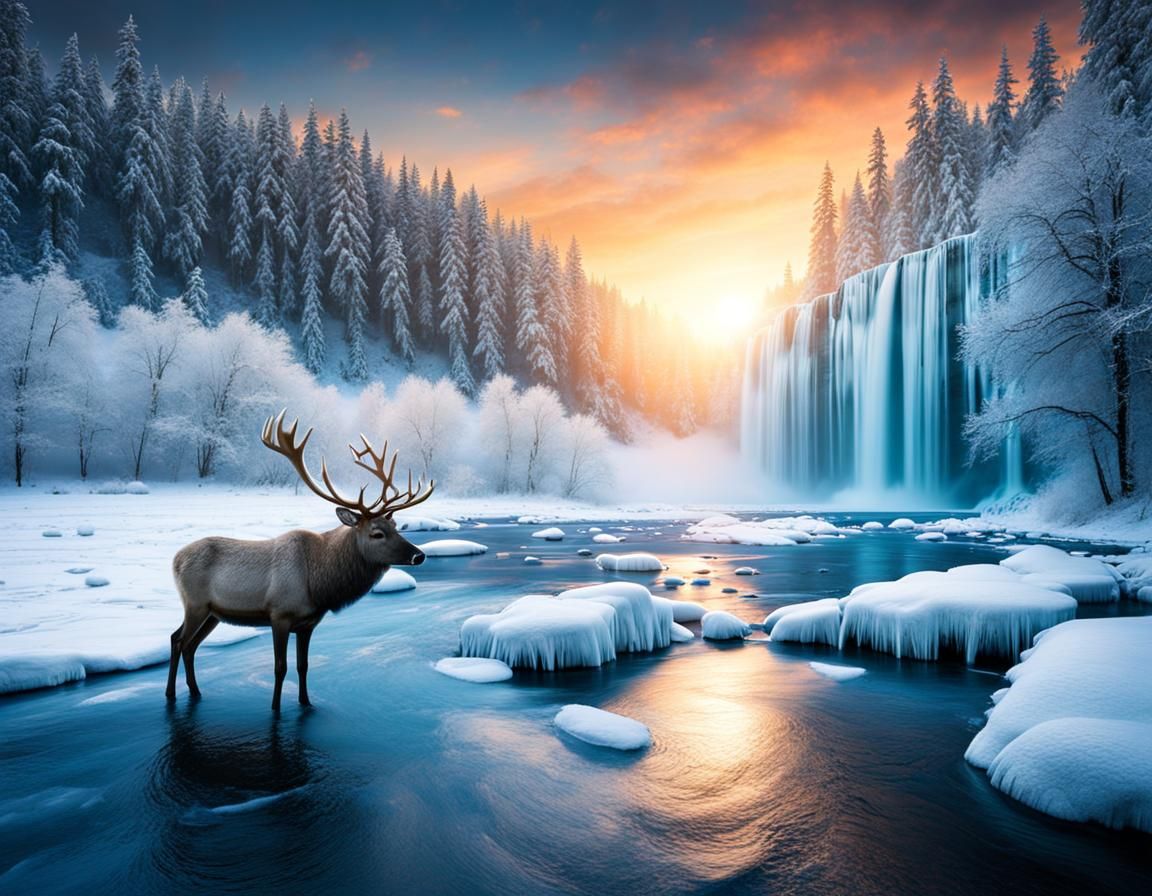 Icy River Landscape with Reindeer in Winter