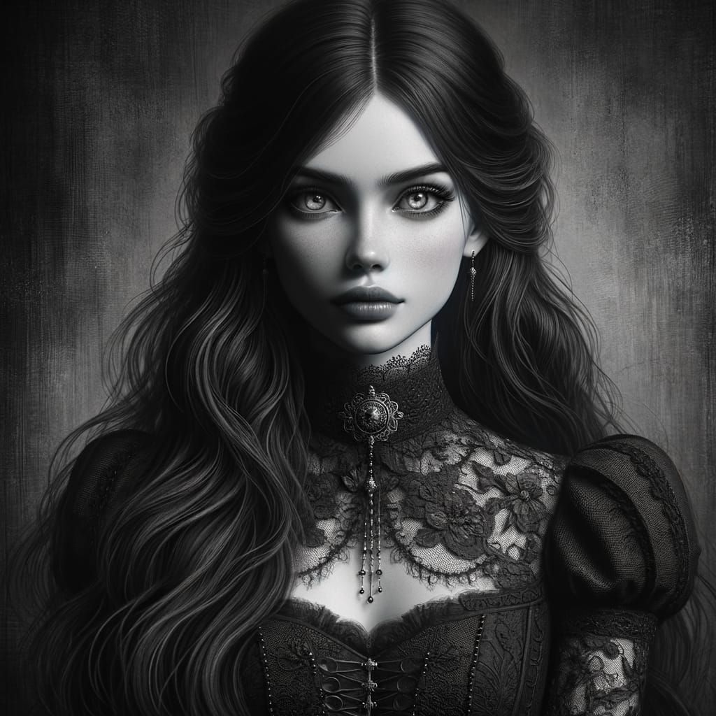 Gothic Woman Portrait with Black Lace Dress