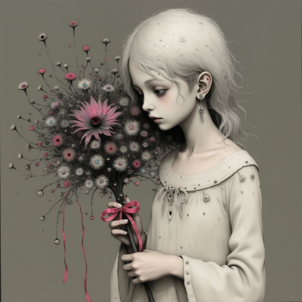 Young Woman Lost in Melancholic Reverie Among Dried Flowers