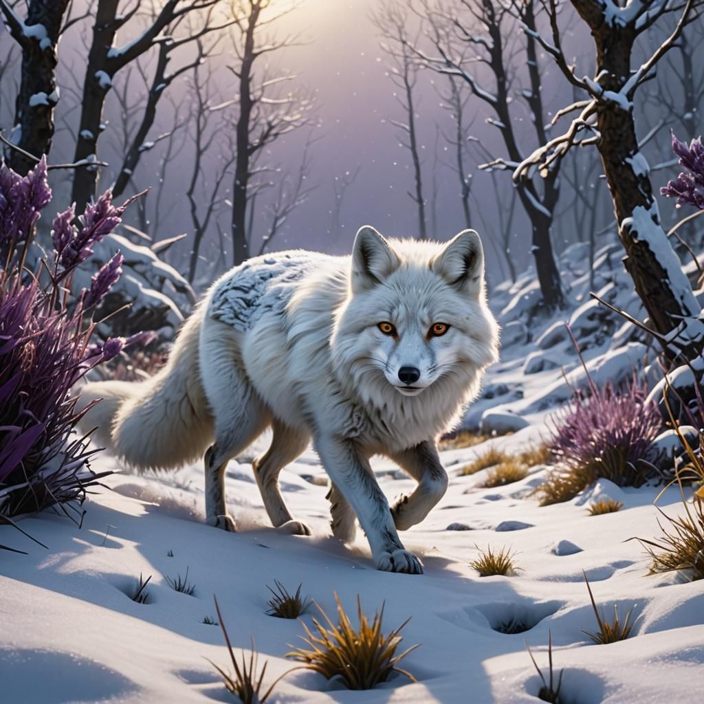White Fox in Snowy Tundra, Dark Fantasy Art