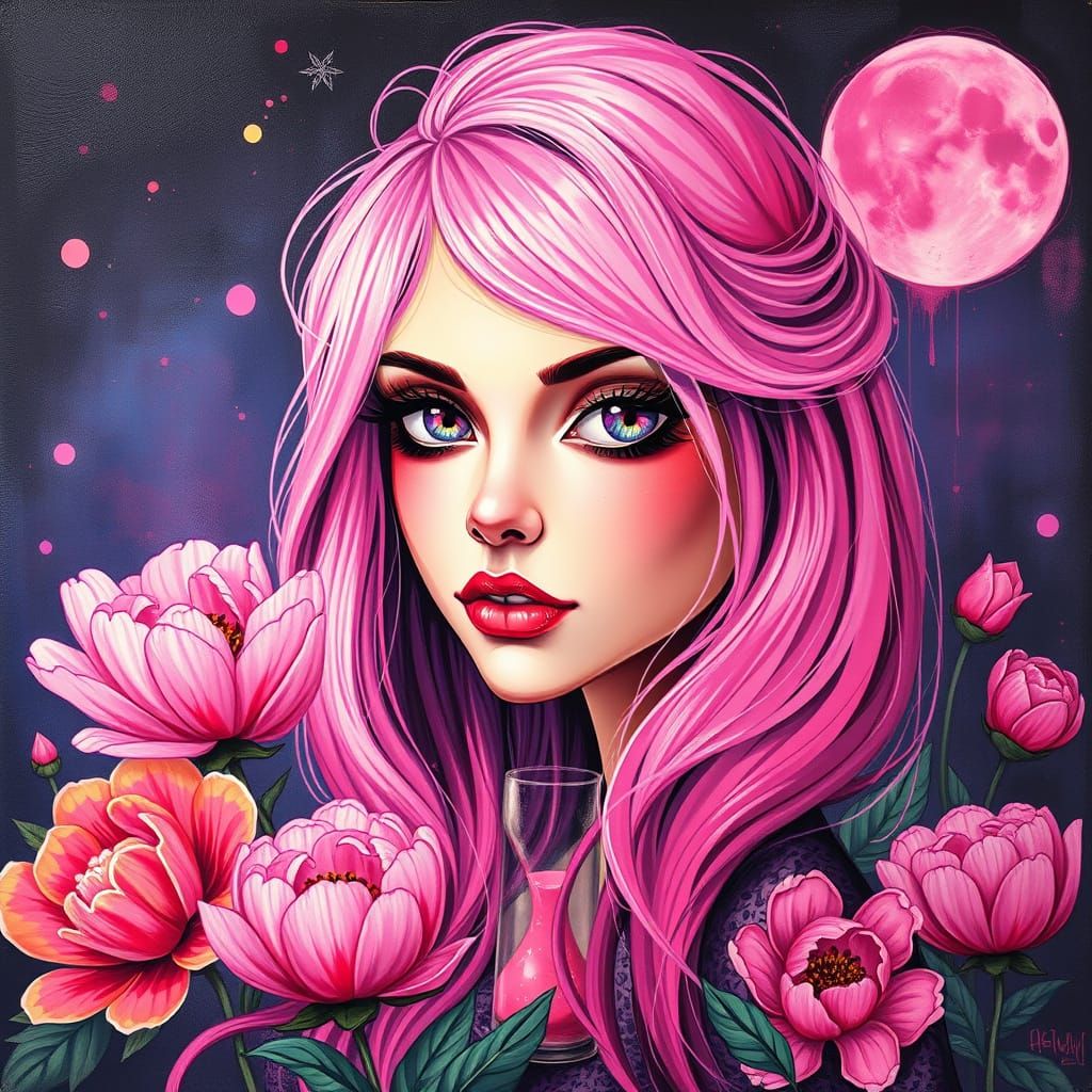 Whimsical Pink-Haired Woman in Peony Garden, Graffiti Art