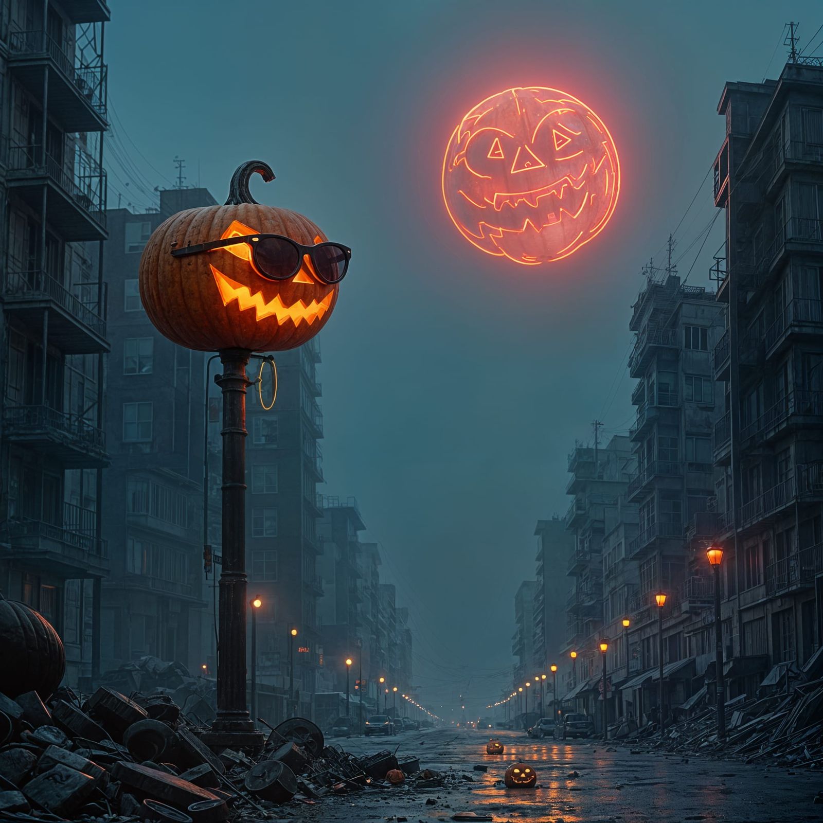 Neon Jack-o'-Lantern Sign in Apocalyptic Cityscape