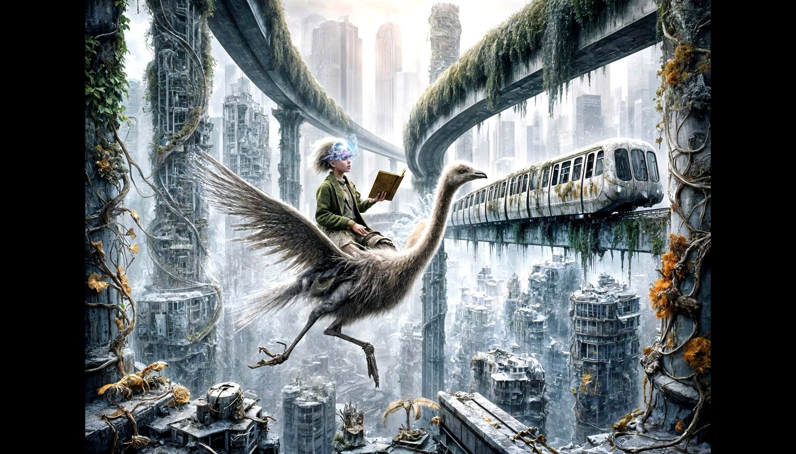 Girl Rides Mechanical Ostrich in Ruined City