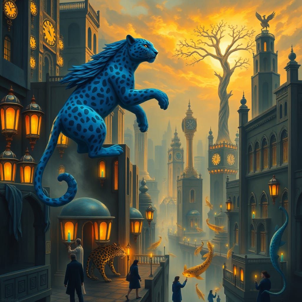 Mystical Cityscape with Divine Jaguar and Leopard Deities