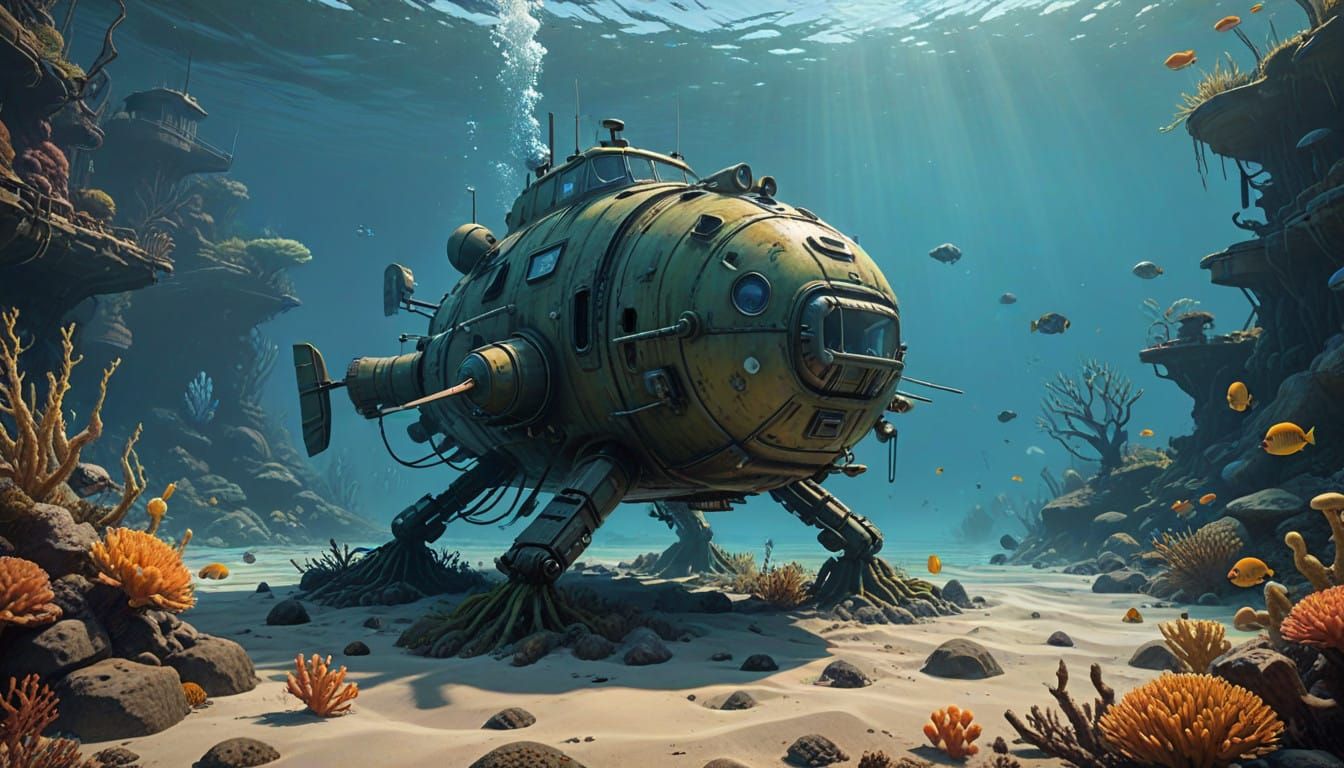 Vibrant Underwater Scene in Retro-Futuristic Style