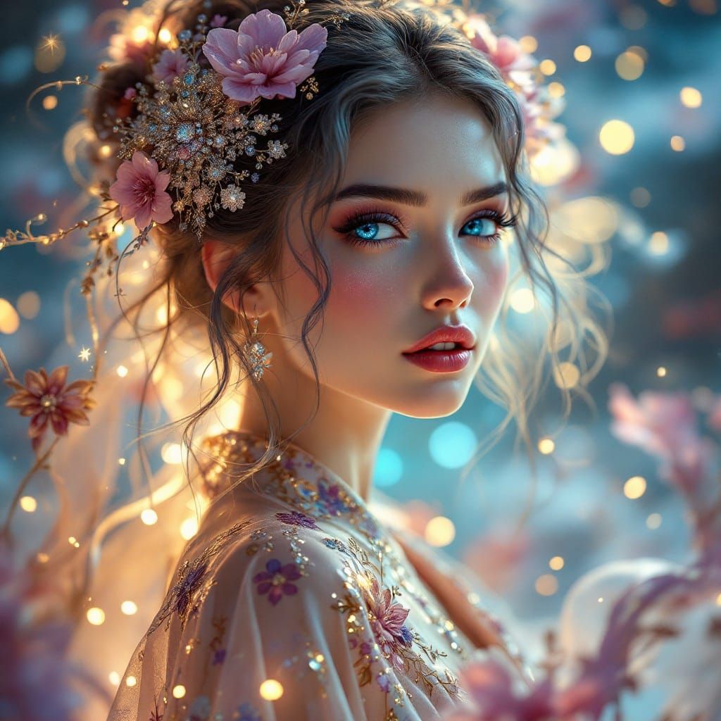 Ethereal Goddess in Cosmic Kimono: Art Nouveau-Inspired Port...