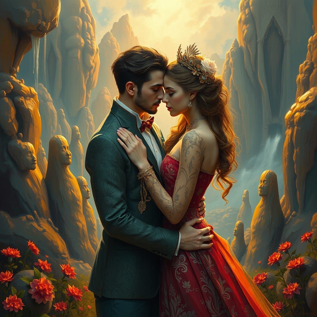 Couple Embracing in Dreamlike Scenery with Golden Light