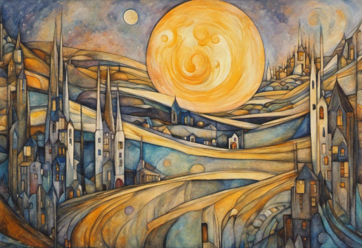 Mysterious Glowing Moonscape Village in Abstract Style