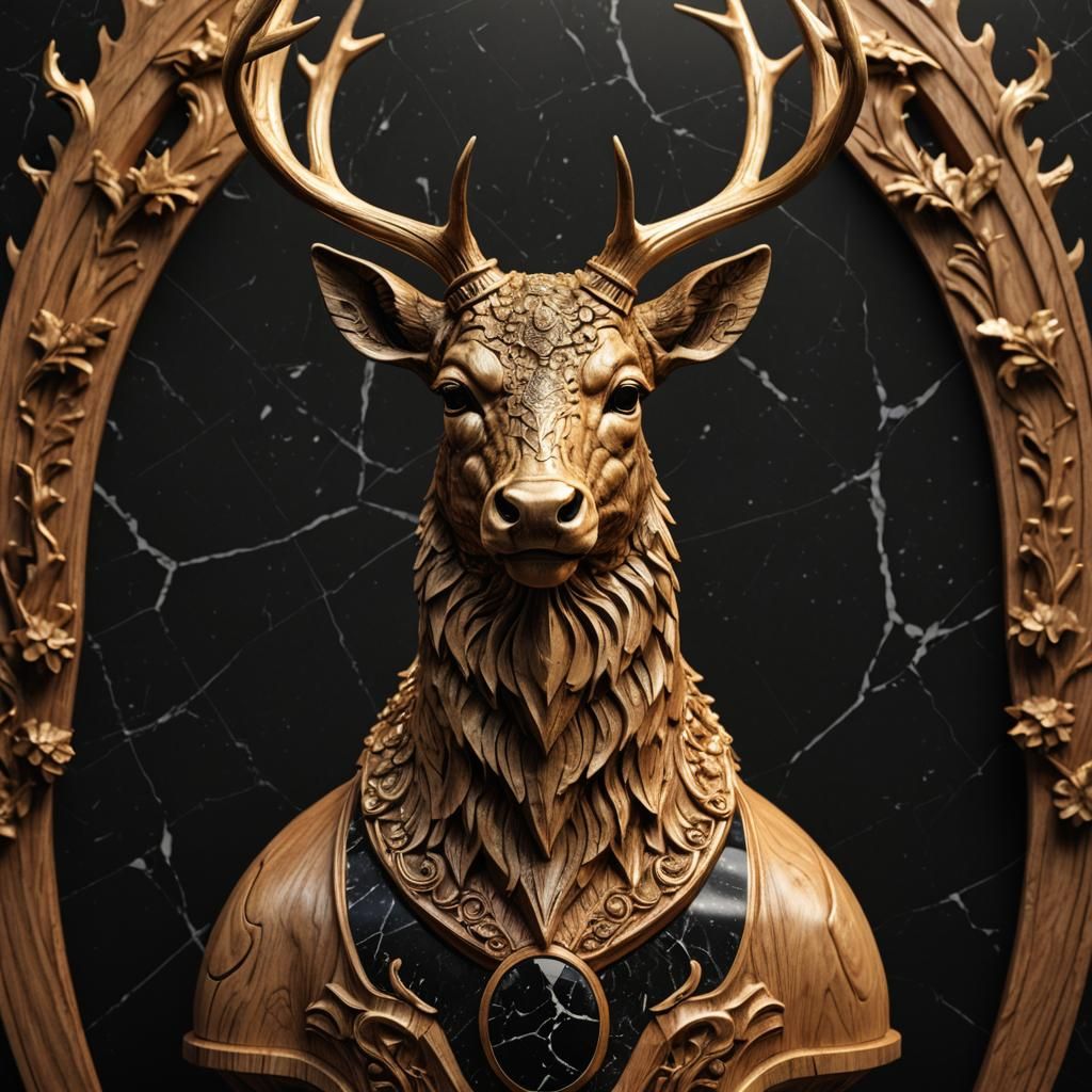 Detailed Deer Head Carving on Marble Pedestal