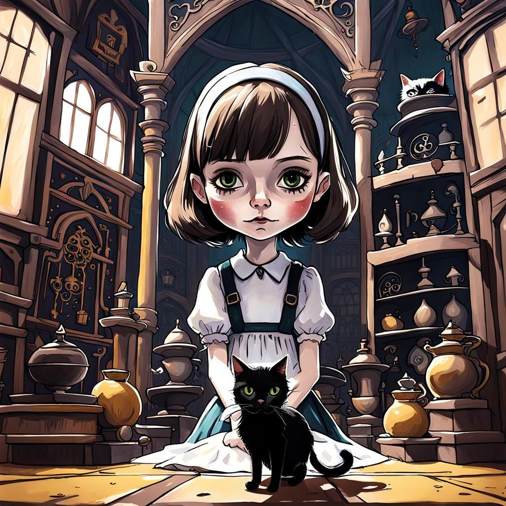 Fantasy Asylum: Girl with Cat Gouache Painting