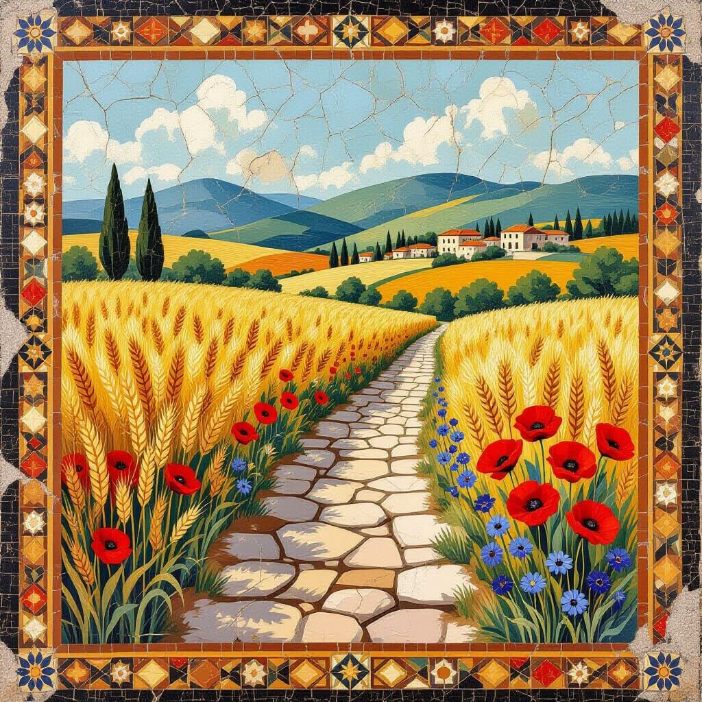Art Deco Roman Mosaic of Countryside Scene