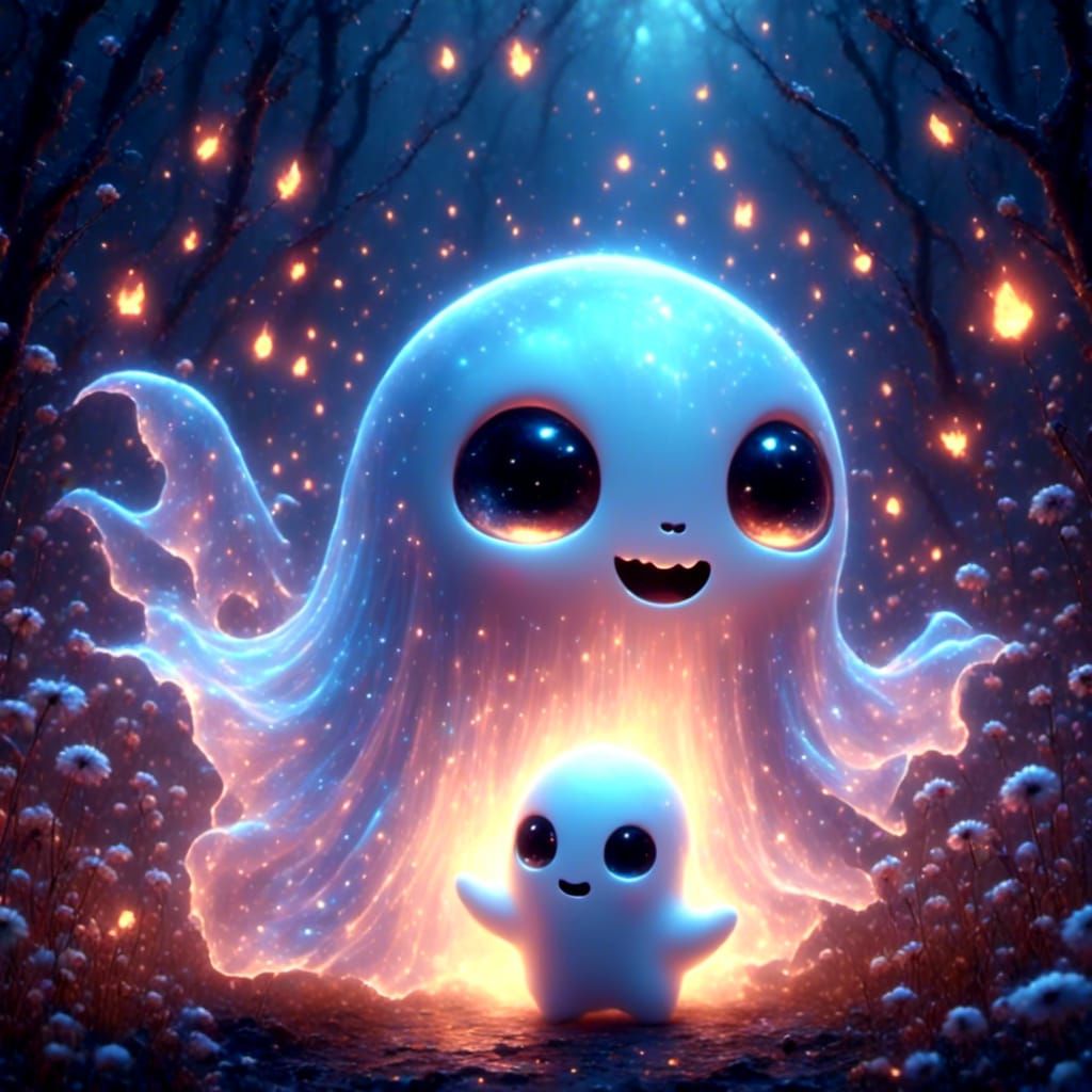 Adorable Alien Baby Hugging a Glowing Ghost