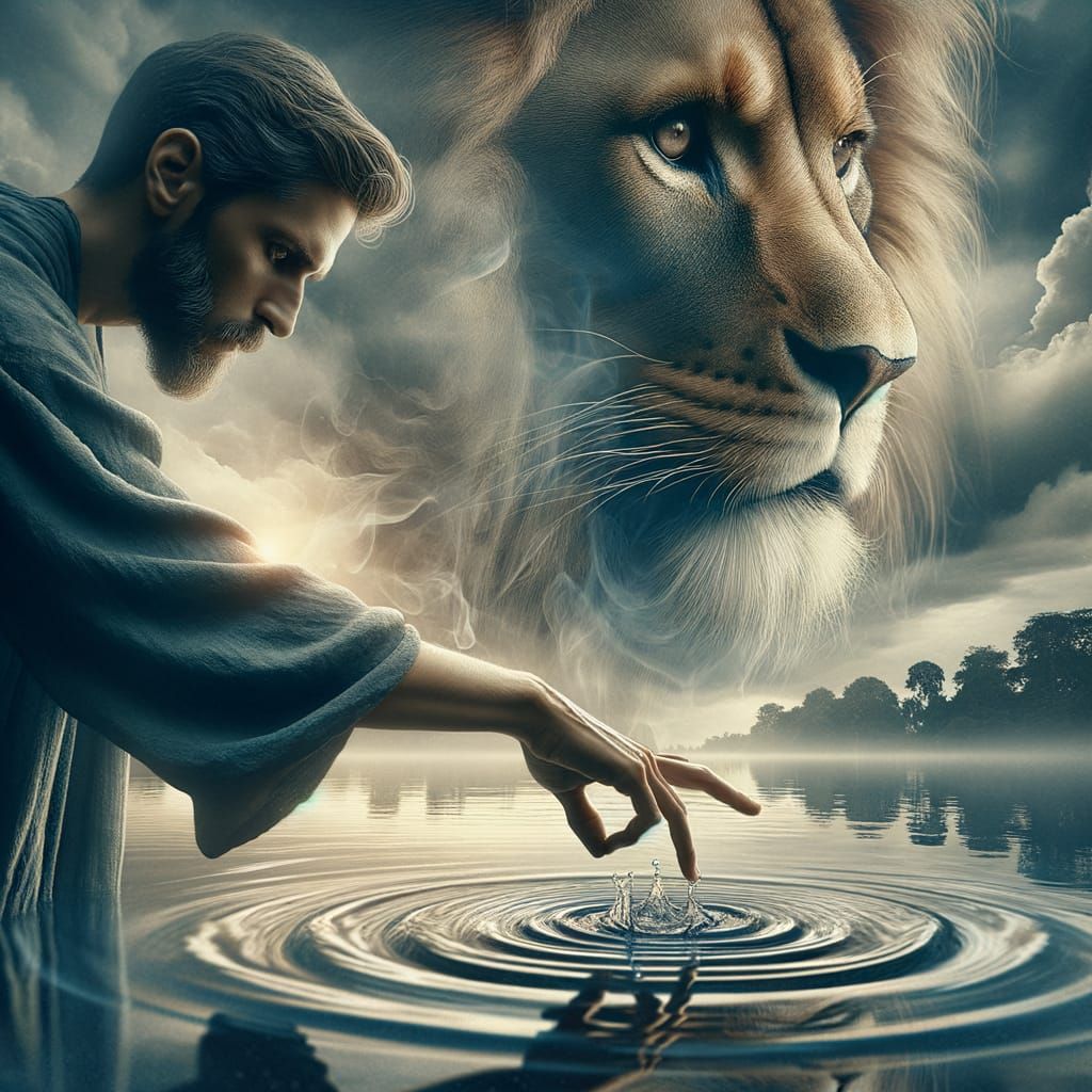 Man Dips Finger in Lake, Causing Ripples, Lion Head Overlay