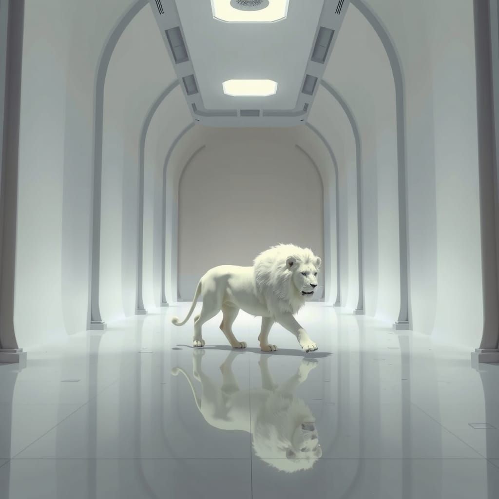 Albino Lion in a Colossal White Hall: Digital Painting