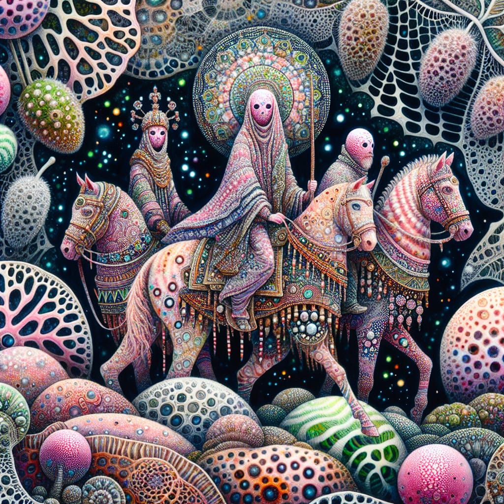 Pink Humanoids Ride Winged Creature in Fantasy Landscape