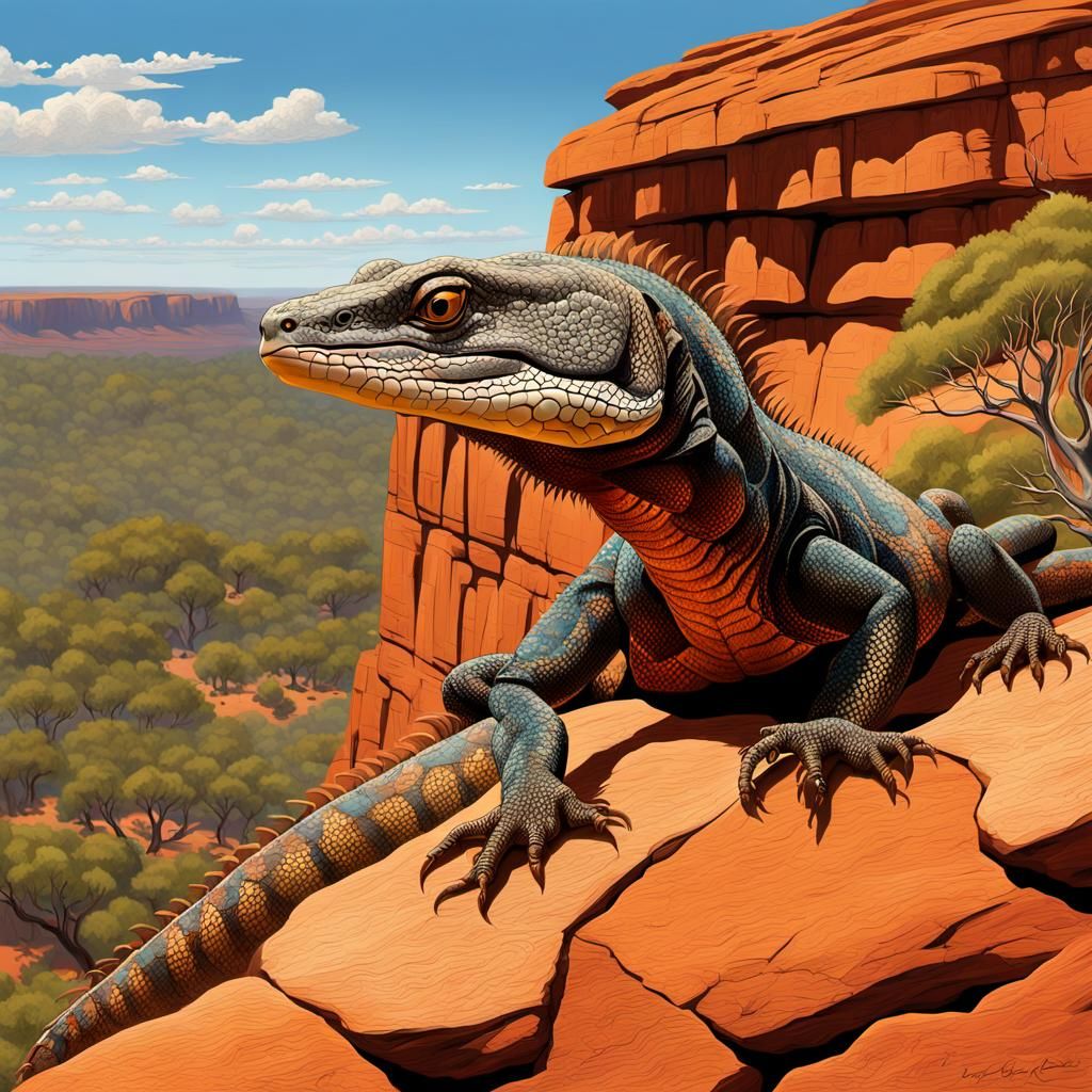 Goanna Lizard Crawling Past Aboriginal Rock Art