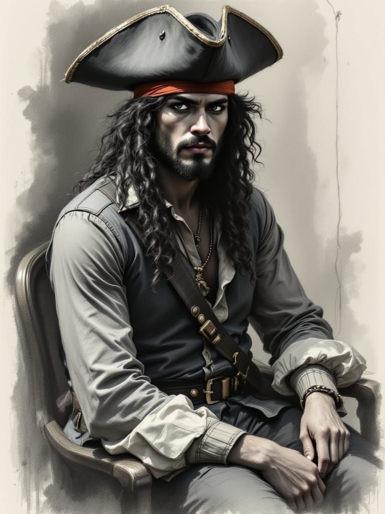 Charcoal Sketch of Blackbeard in Tricorner Cap