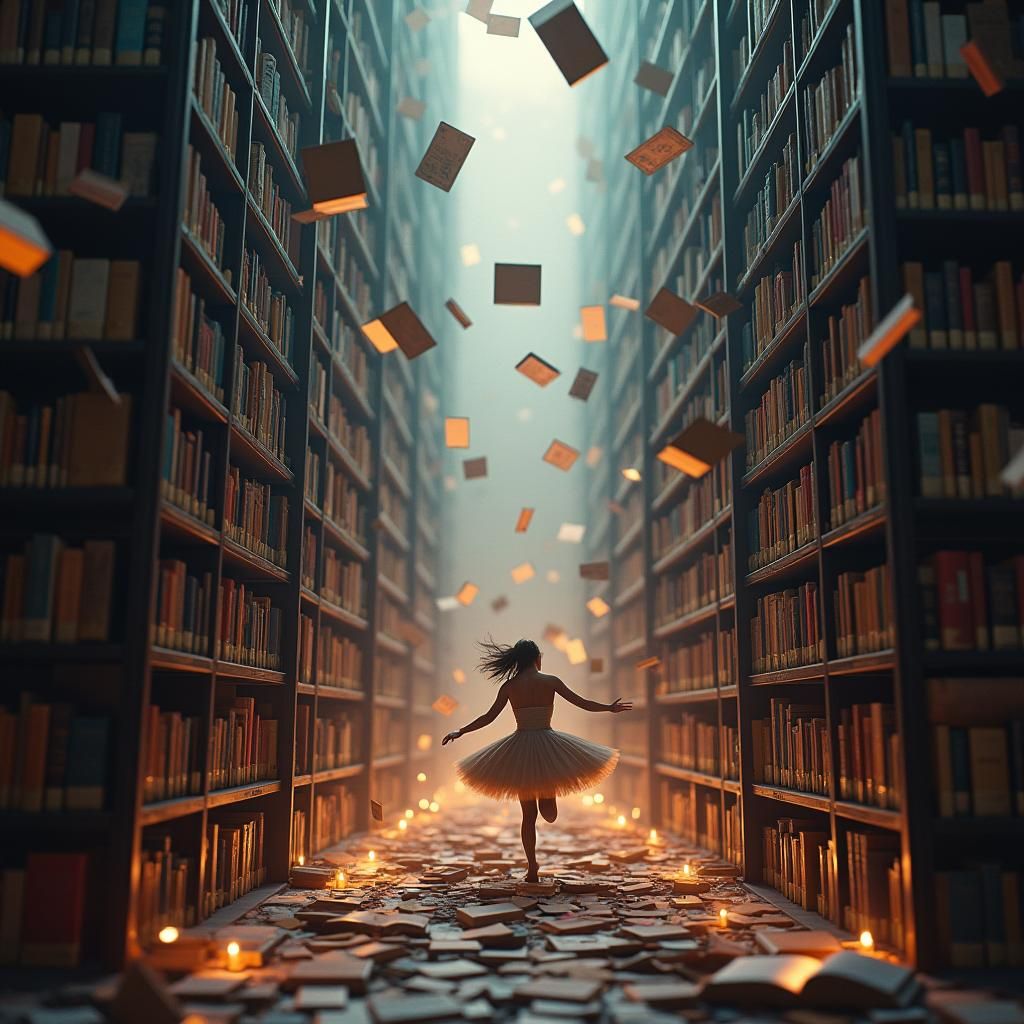Books Dancing in Mystical Library, Fantasy Concept Art