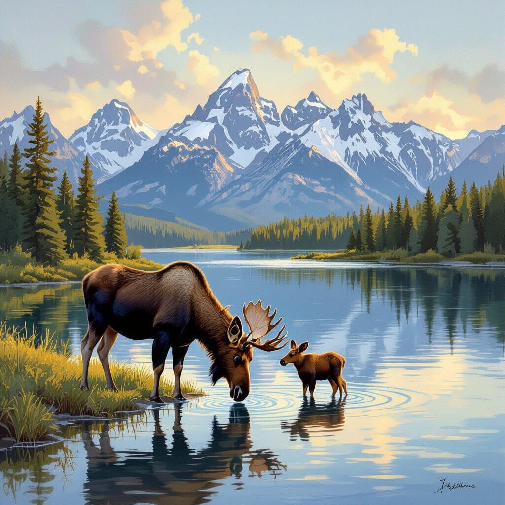 Moose and Calf at Grand Teton Lake
