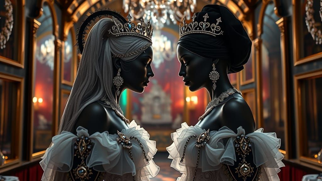 Hyperrealistic Black Goddess in Elegant White Gown with Tull...