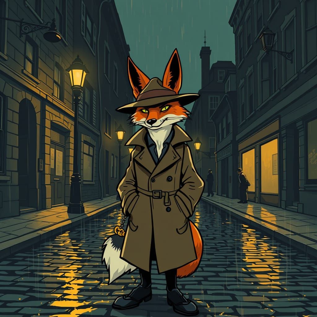 Noir Fox Detective in Rainy Cityscape