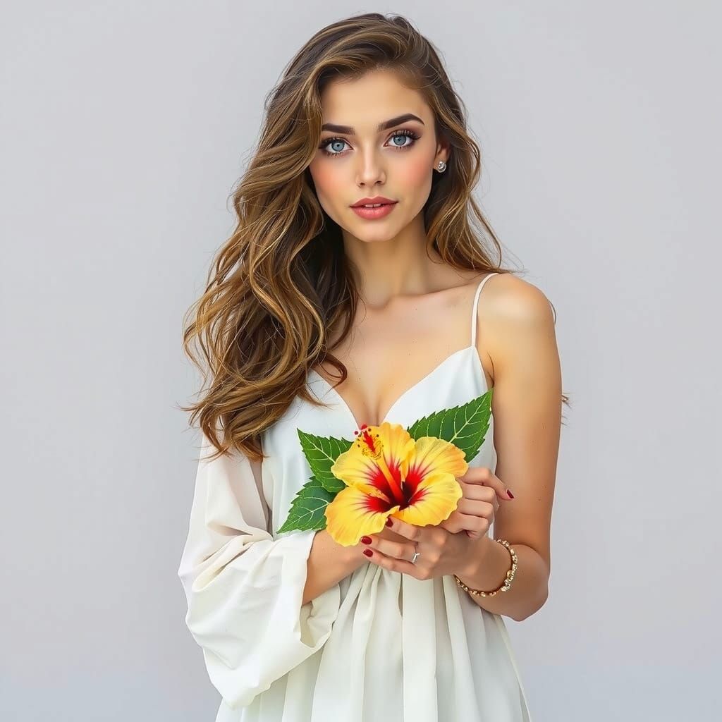 Natural Woman with Hibiscus Flower, Art Nouveau Style