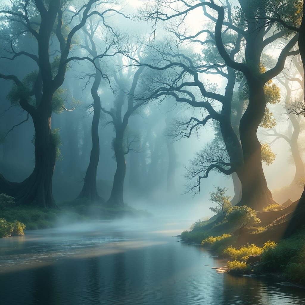 Misty morning light diffuses through the tranquil atmosphere of a mystical forest, where a serene river flows gently, it...