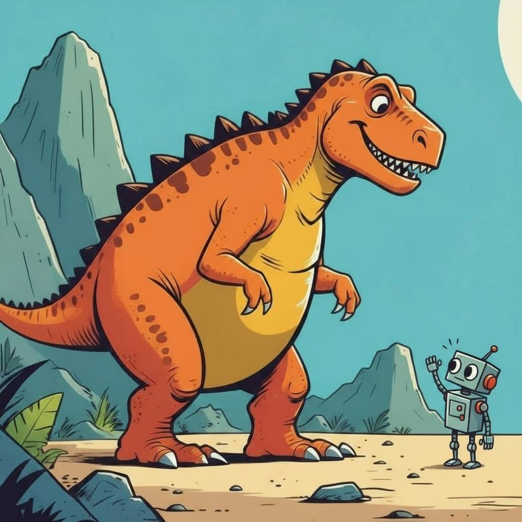 Robot Meets Adorable Dinosaur in Whimsical Ink Cartoon